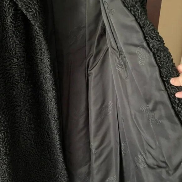 Curly Lamb Long Coat Wool Fur Black Persian Silk Lined Velvet Pockets Vintage - Picture 12 of 13